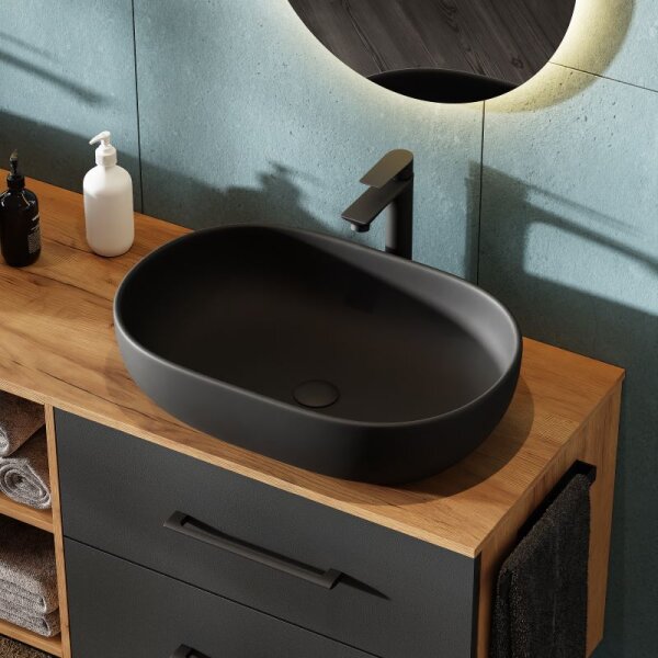 LUX Badmöbel-Set – 170 cm Gold Eiche/Anthrazit, Doppelwaschtisch mit 2 Aufsatzwaschbecken 60 cm und 2 Spiegeln (ohne LED)