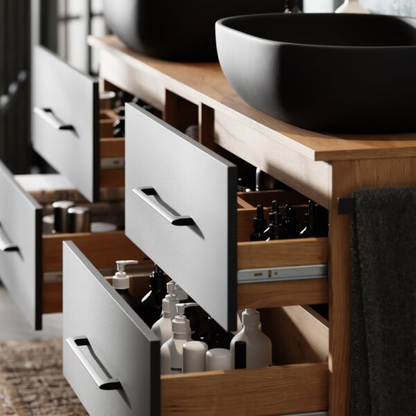 LUX Badmöbel-Set – 170 cm Gold Eiche/Anthrazit, Doppelwaschtisch mit 2 Aufsatzwaschbecken 60 cm und 2 Spiegeln (ohne LED)