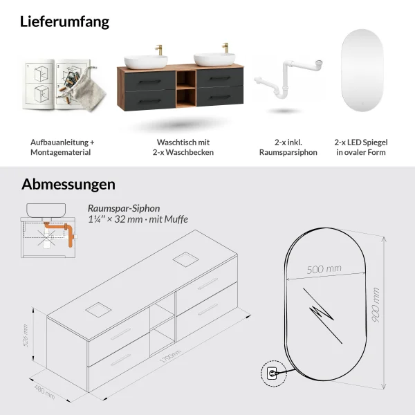 Set di mobili da bagno LUX da 170 cm con 2 lavabi bianchi e 2 specchi – Rovere antracite/oro