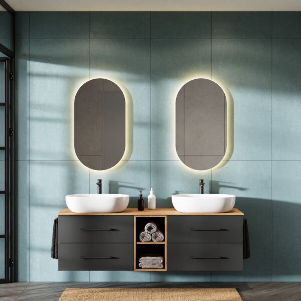 Bathroom Furniture Set LUX 170 cm with 2x Washbasin White and 2x Mirror – Anthracite/Golden Oak