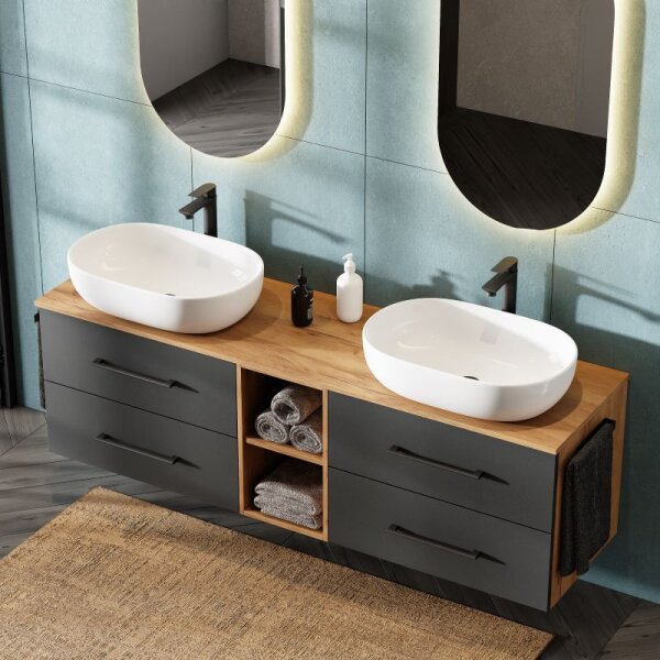 Bathroom Furniture Set LUX 170 cm with 2x Washbasin White and 2x Mirror – Anthracite/Golden Oak