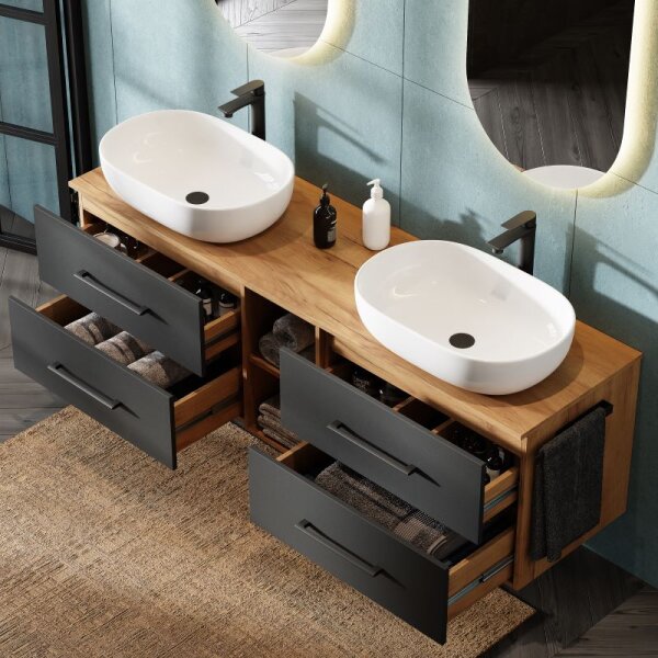 Bathroom Furniture Set LUX 170 cm with 2x Washbasin White and 2x Mirror – Anthracite/Golden Oak