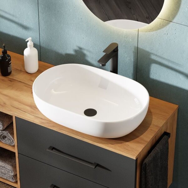 Bathroom Furniture Set LUX 170 cm with 2x Washbasin White and 2x Mirror – Anthracite/Golden Oak