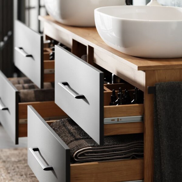 Bathroom Furniture Set LUX 170 cm with 2x Washbasin White and 2x Mirror – Anthracite/Golden Oak