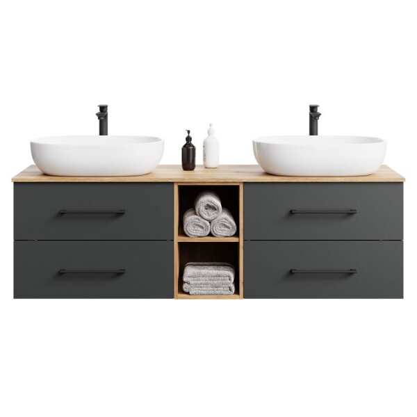 Bathroom Furniture Set LUX 170 cm with 2x Washbasin White and 2x Mirror – Anthracite/Golden Oak