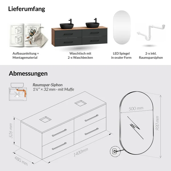 LUX Bathroom Furniture Set – 180 cm Golden Oak/Anthracite, 42-cm Countertop Washbasin Black & 50-cm Mirror without LED