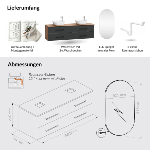 LUX Badmöbel-Set – 180 cm Gold Eiche/Anthrazit, Doppelwaschtisch mit 2× Aufsatzwaschbecken 42 cm Weiß & 2 LED Spiegeln
