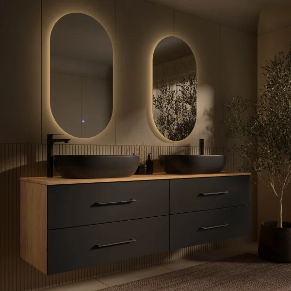 LUX Badezimmer-Set – 180 cm Gold Eiche/Anthrazit, Doppelwaschtisch mit 2×60-cm Aufsatzwaschbecken Schwarz & 2 LED Spiegeln