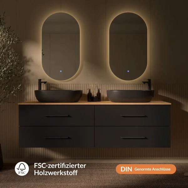 LUX Badezimmer-Set – 180 cm Gold Eiche/Anthrazit, Doppelwaschtisch mit 2×60-cm Aufsatzwaschbecken Schwarz & 2 LED Spiegeln