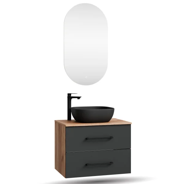Ensemble de meubles de salle de bains LUX – 70 cm, chêne doré/anthracite, lavabo de 42 cm, miroir de 50 cm (sans LED)