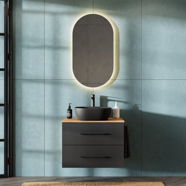 LUX Badmöbel-Set – 70 cm Gold Eiche/Anthrazit, 42-cm Becken, Spiegel 50 cm (ohne LED)