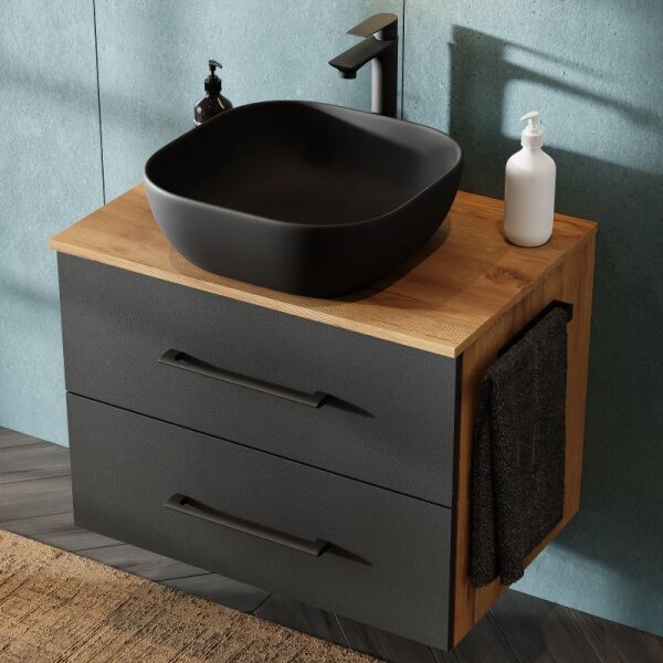 LUX Badmöbel-Set – 70 cm Gold Eiche/Anthrazit, 42-cm Becken, Spiegel 50 cm (ohne LED)