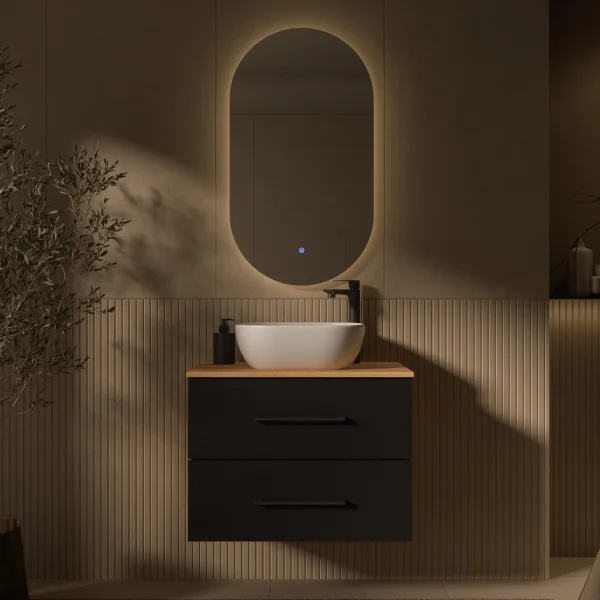 LUX Badmöbel-Set – 70 cm Gold Eiche/Anthrazit, 42-cm Aufsatzwaschbecken Weiß & LED Spiegel