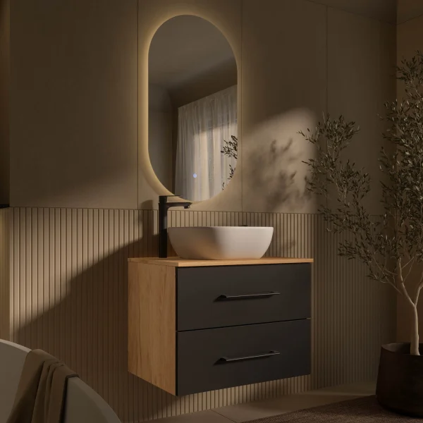 LUX Badmöbel-Set – 70 cm Gold Eiche/Anthrazit, 42-cm Aufsatzwaschbecken Weiß & LED Spiegel