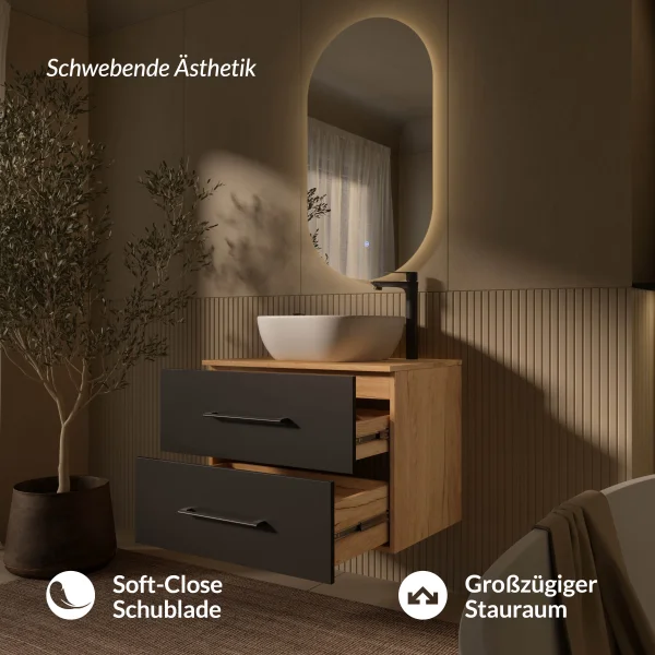 LUX Badmöbel-Set – 70 cm Gold Eiche/Anthrazit, 42-cm Aufsatzwaschbecken Weiß & LED Spiegel