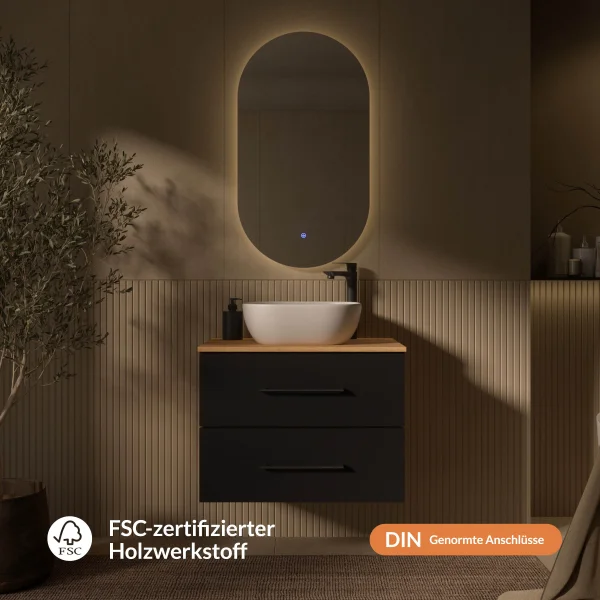 LUX Badmöbel-Set – 70 cm Gold Eiche/Anthrazit, 42-cm Aufsatzwaschbecken Weiß & LED Spiegel
