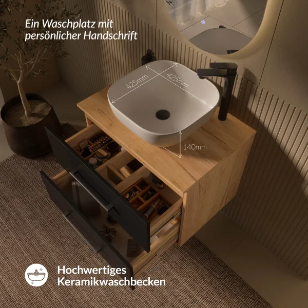 LUX Badmöbel-Set – 70 cm Gold Eiche/Anthrazit, 42-cm Aufsatzwaschbecken Weiß & LED Spiegel
