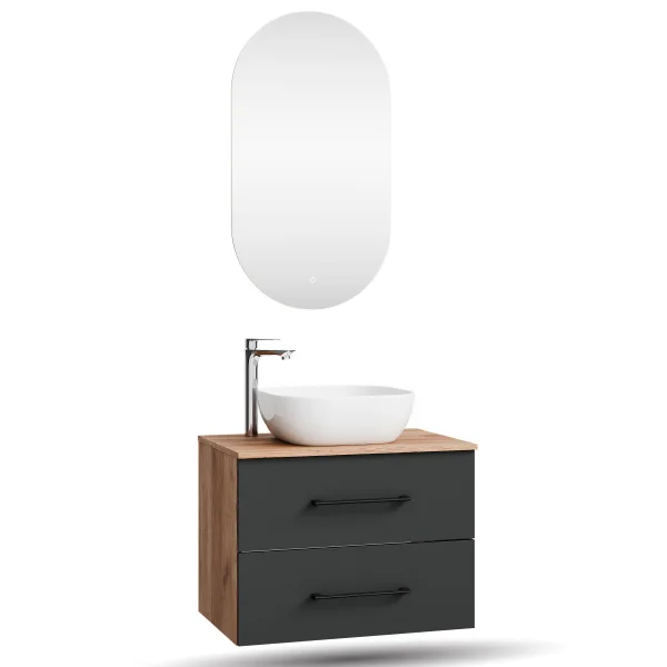 LUX Badmöbel-Set – 70 cm Gold Eiche/Anthrazit, 42-cm Aufsatzwaschbecken Weiß & LED Spiegel