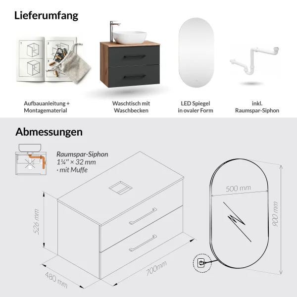 LUX Badmöbel-Set – 70 cm Gold Eiche/Anthrazit, 42-cm Aufsatzwaschbecken Weiß & LED Spiegel