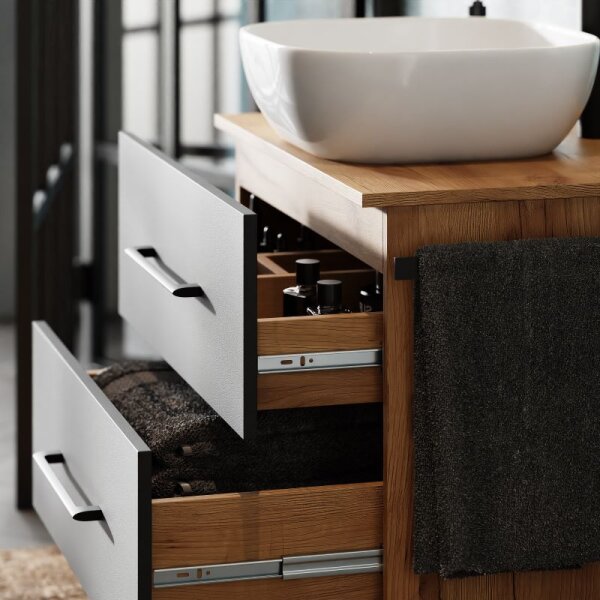 LUX Badmöbel-Set – 70 cm Gold Eiche/Anthrazit, 42-cm Aufsatzwaschbecken Weiß & Spiegel 50 cm (ohne LED)