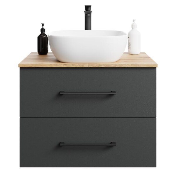 LUX Badmöbel-Set – 70 cm Gold Eiche/Anthrazit, 42-cm Aufsatzwaschbecken Weiß & Spiegel 50 cm (ohne LED)