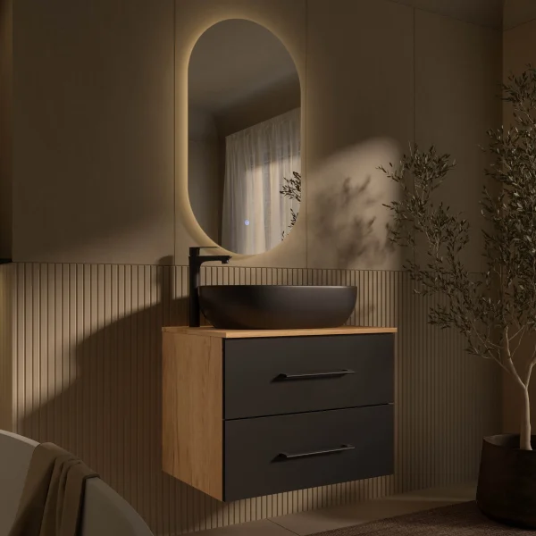 LUX Badmöbel-Set – 70 cm Gold Eiche/Anthrazit, 60-cm Aufsatzwaschbecken Schwarz & LED Spiegel