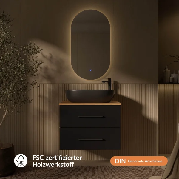 LUX Badmöbel-Set – 70 cm Gold Eiche/Anthrazit, 60-cm Aufsatzwaschbecken Schwarz & LED Spiegel
