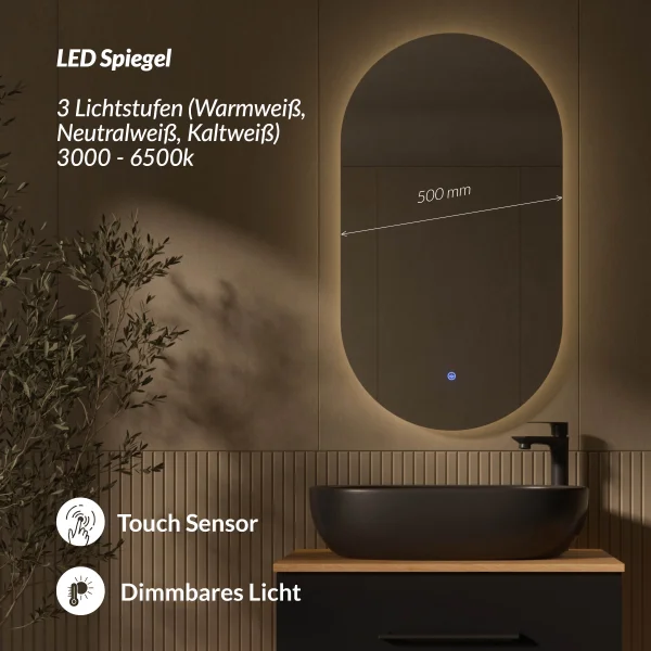 LUX Badmöbel-Set – 70 cm Gold Eiche/Anthrazit, 60-cm Aufsatzwaschbecken Schwarz & LED Spiegel