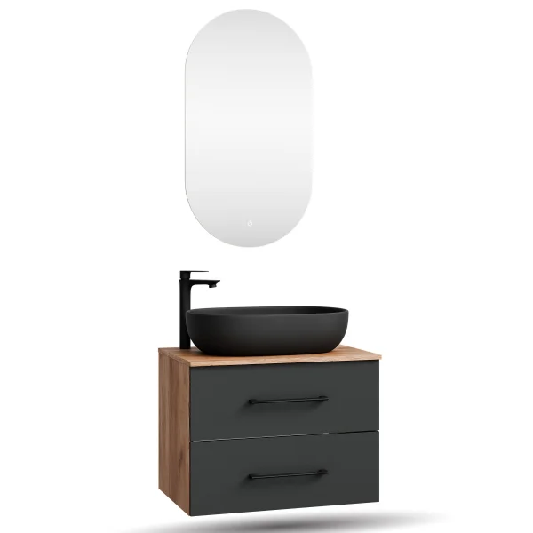 LUX Badmöbel-Set – 70 cm Gold Eiche/Anthrazit, 60-cm Aufsatzwaschbecken Schwarz & LED Spiegel