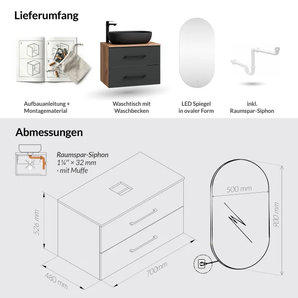 LUX Badmöbel-Set – 70 cm Gold Eiche/Anthrazit, 60-cm Aufsatzwaschbecken Schwarz & LED Spiegel