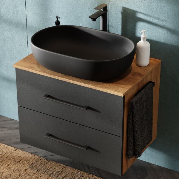 LUX Badmöbel-Set – 70 cm Gold Eiche/Anthrazit, 60-cm Aufsatzwaschbecken Schwarz & Spiegel 50 cm (ohne LED)