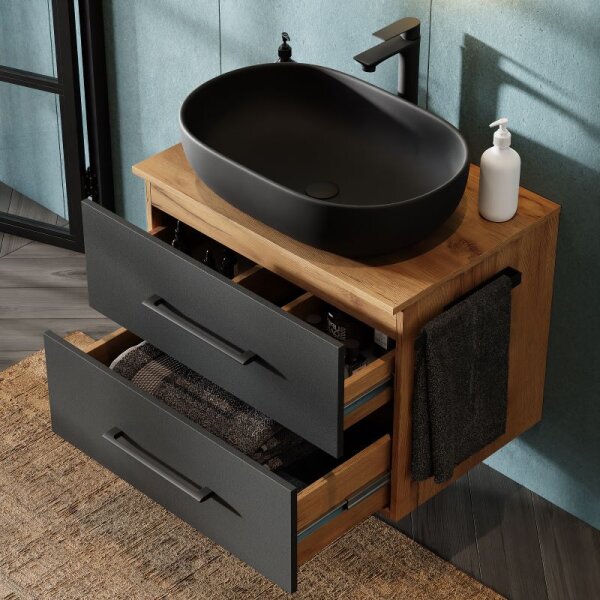 LUX Badmöbel-Set – 70 cm Gold Eiche/Anthrazit, 60-cm Aufsatzwaschbecken Schwarz & Spiegel 50 cm (ohne LED)