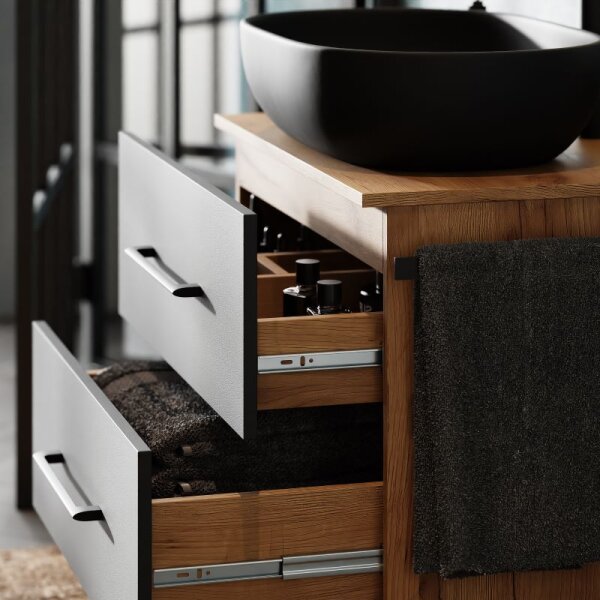 LUX Badmöbel-Set – 70 cm Gold Eiche/Anthrazit, 60-cm Aufsatzwaschbecken Schwarz & Spiegel 50 cm (ohne LED)