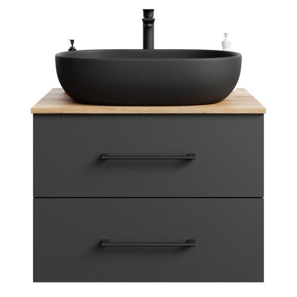 LUX Badmöbel-Set – 70 cm Gold Eiche/Anthrazit, 60-cm Aufsatzwaschbecken Schwarz & Spiegel 50 cm (ohne LED)