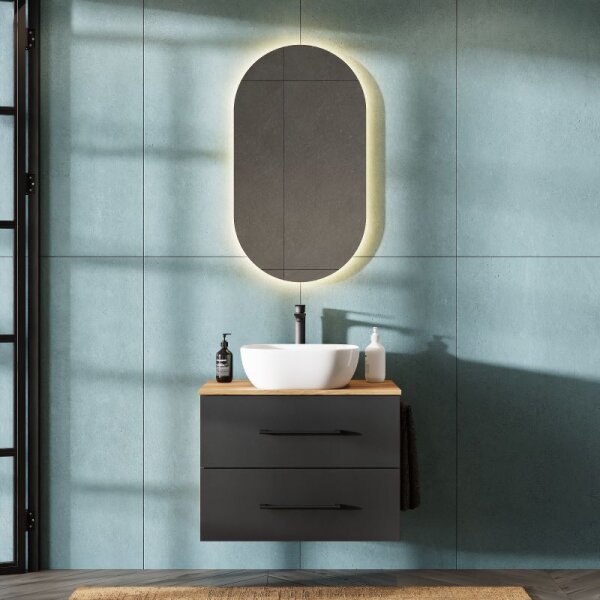 Bathroom Furniture Set LUX 70 cm with Washbasin White and Mirror – Anthracite/Golden Oak