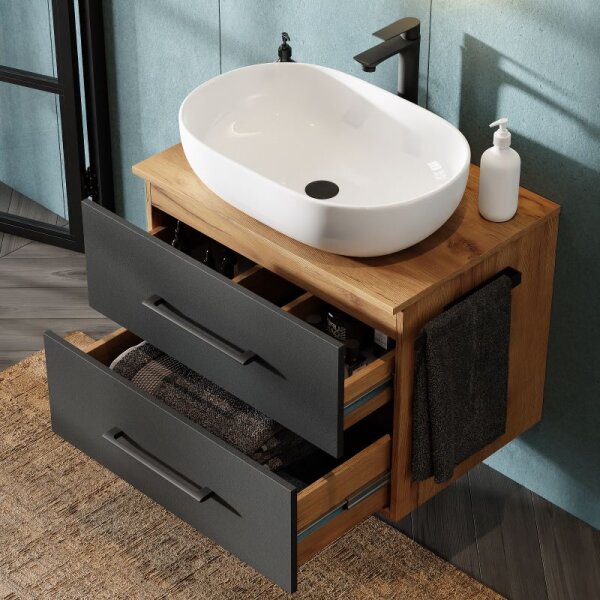Bathroom Furniture Set LUX 70 cm with Washbasin White and Mirror – Anthracite/Golden Oak