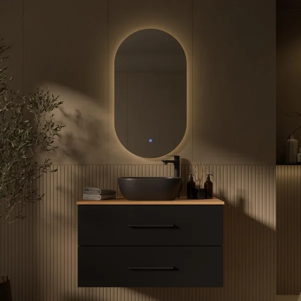 Planetmöbel LUX Bathroom Furniture Set – 90 cm Golden Oak/Anthracite, Countertop Washbasin 42 cm Black & Mirror 50 cm (without LED)