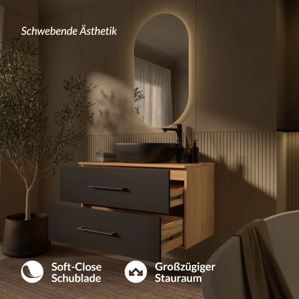 Planetmöbel LUX Bathroom Furniture Set – 90 cm Golden Oak/Anthracite, Countertop Washbasin 42 cm Black & Mirror 50 cm (without LED)