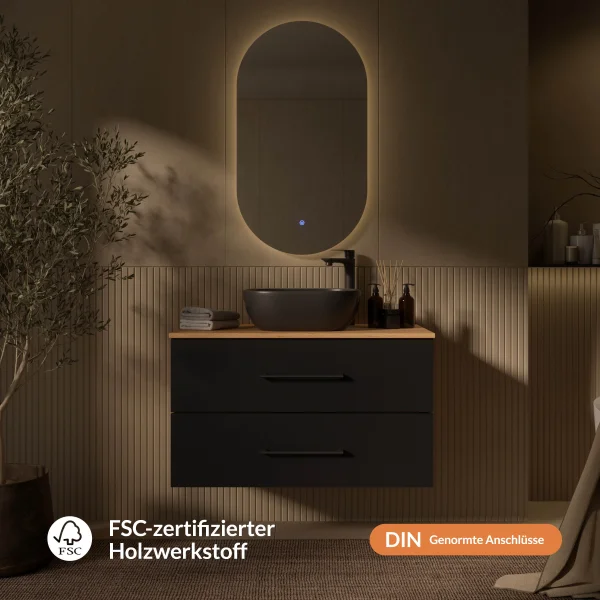 Planetmöbel LUX Bathroom Furniture Set – 90 cm Golden Oak/Anthracite, Countertop Washbasin 42 cm Black & Mirror 50 cm (without LED)