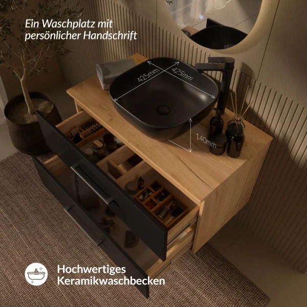 Planetmöbel LUX Bathroom Furniture Set – 90 cm Golden Oak/Anthracite, Countertop Washbasin 42 cm Black & Mirror 50 cm (without LED)