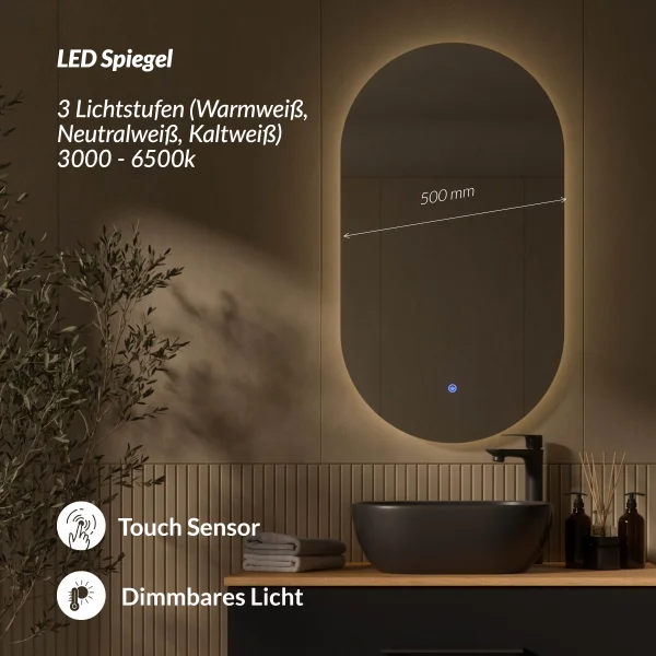 Planetmöbel LUX Bathroom Furniture Set – 90 cm Golden Oak/Anthracite, Countertop Washbasin 42 cm Black & Mirror 50 cm (without LED)