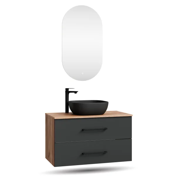 Planetmöbel LUX Bathroom Furniture Set – 90 cm Golden Oak/Anthracite, Countertop Washbasin 42 cm Black & Mirror 50 cm (without LED)