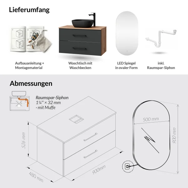 Planetmöbel LUX Bathroom Furniture Set – 90 cm Golden Oak/Anthracite, Countertop Washbasin 42 cm Black & Mirror 50 cm (without LED)