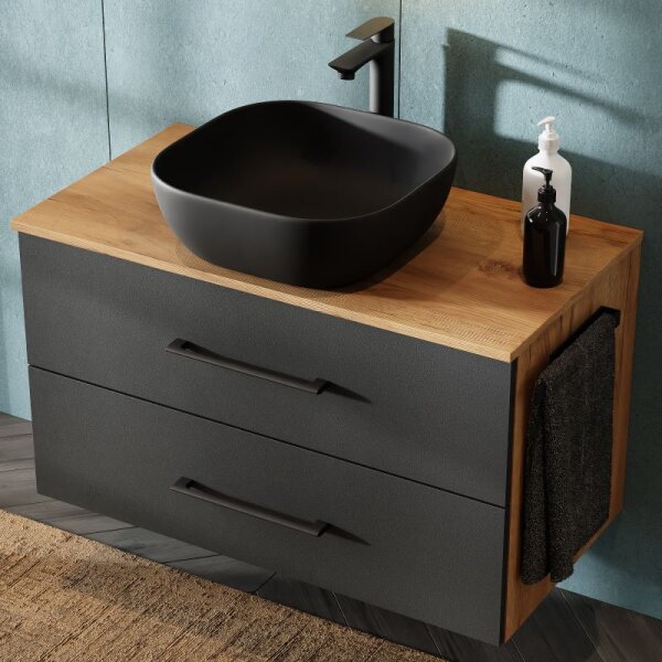 Planetmöbel LUX Bathroom Furniture Set – 90 cm Golden Oak/Anthracite, Countertop Washbasin 42 cm Black & Mirror 50 cm (without LED)