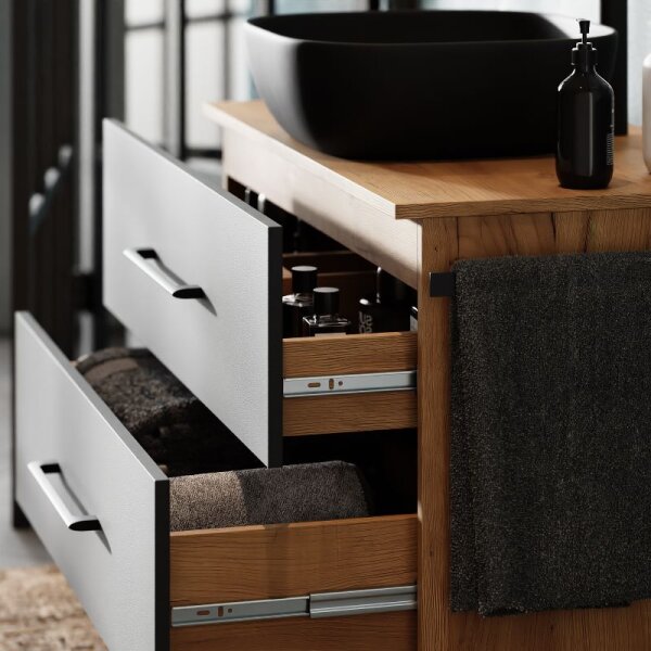 Planetmöbel LUX Bathroom Furniture Set – 90 cm Golden Oak/Anthracite, Countertop Washbasin 42 cm Black & Mirror 50 cm (without LED)