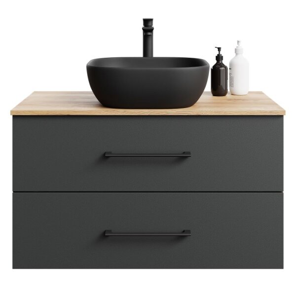 Planetmöbel LUX Bathroom Furniture Set – 90 cm Golden Oak/Anthracite, Countertop Washbasin 42 cm Black & Mirror 50 cm (without LED)