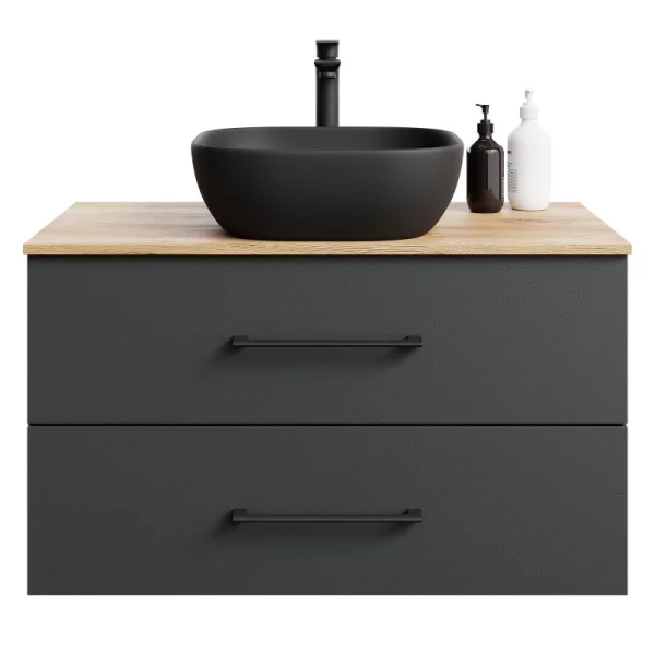 Planetmöbel LUX Badmöbel-Set – 90 cm Gold Eiche/Anthrazit, Aufsatzwaschbecken 42 cm schwarz & Spiegel 50 cm (ohne LED)