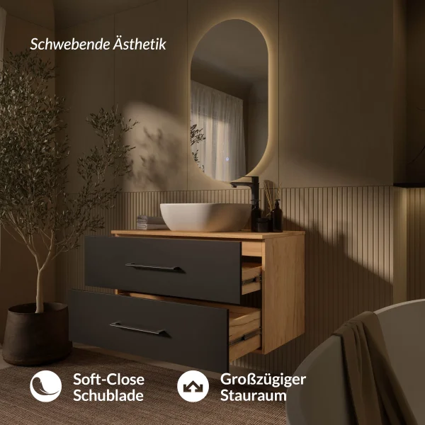 LUX Badmöbel-Set – 90 cm Gold Eiche/Anthrazit, Waschtisch mit Aufsatzwaschbecken 42 cm Weiß & LED Spiegel