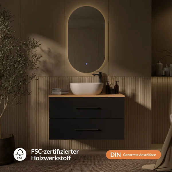 LUX Badmöbel-Set – 90 cm Gold Eiche/Anthrazit, Waschtisch mit Aufsatzwaschbecken 42 cm Weiß & LED Spiegel