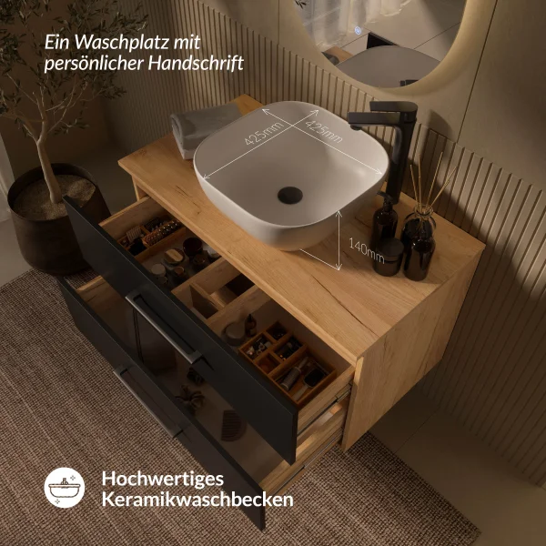 LUX Badmöbel-Set – 90 cm Gold Eiche/Anthrazit, Waschtisch mit Aufsatzwaschbecken 42 cm Weiß & LED Spiegel